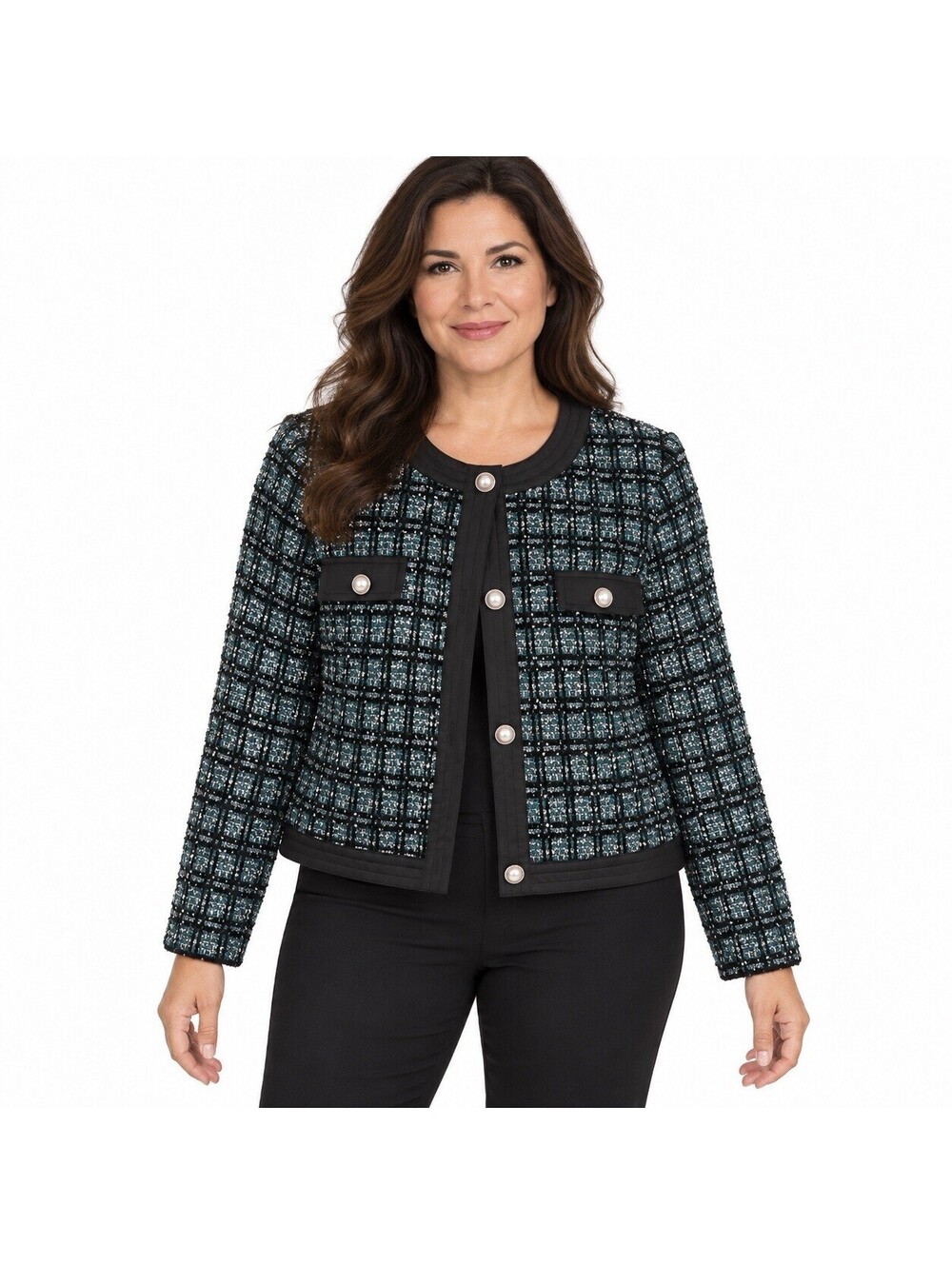 Cato Women’s Tweed Metallic Black And Green Blazer Pearl Buttons M